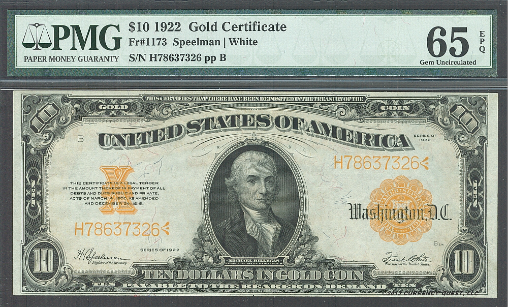 Fr.1173, 1922 $10 Gold Certificate, GemCU, PMG65-EPQ, H78637326